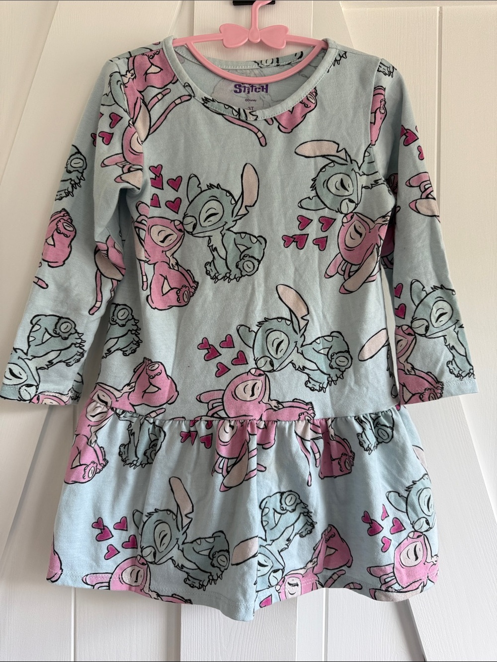 Disney Stitch Pink and Light Blue Long-Sleeve Ruffle Hem Dress